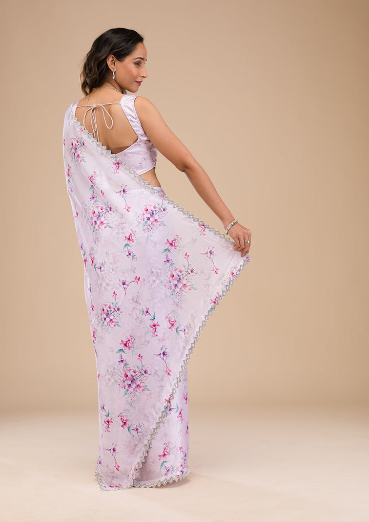 Lavender Print Satin Saree-Koskii