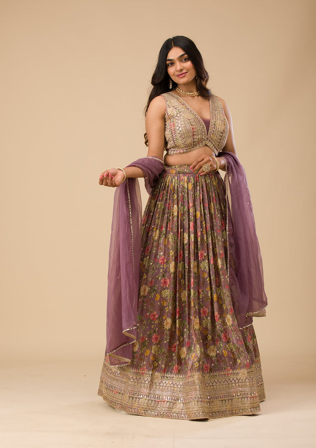 Lavender Printed Tissue Readymade Lehenga-Koskii
