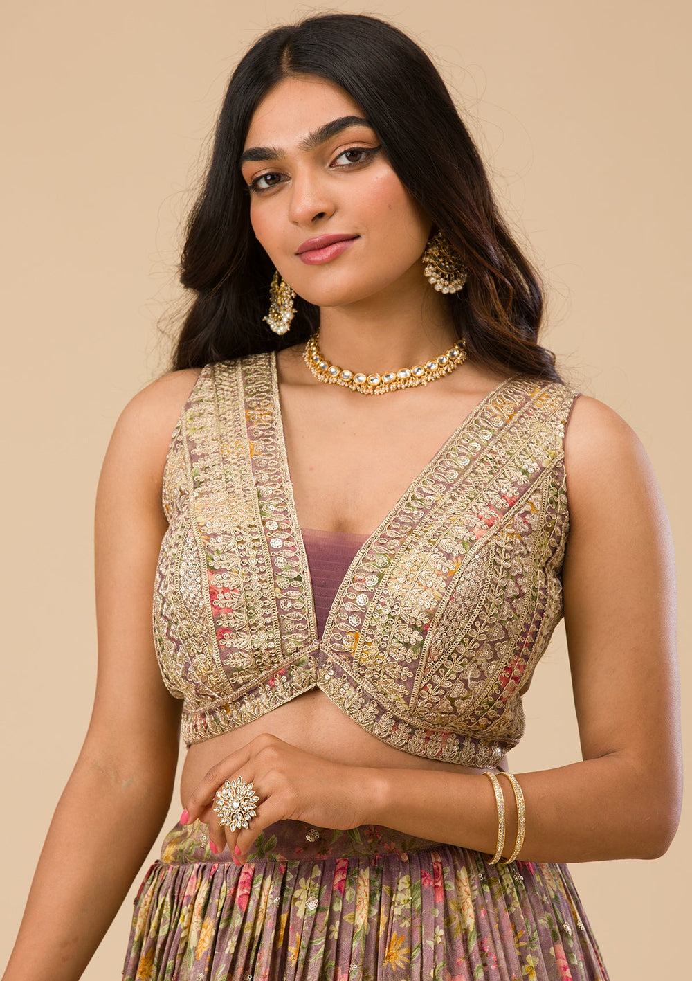 Lavender Printed Tissue Readymade Lehenga-Koskii