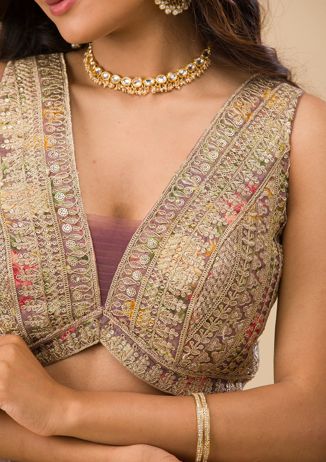 Lavender Printed Tissue Readymade Lehenga-Koskii