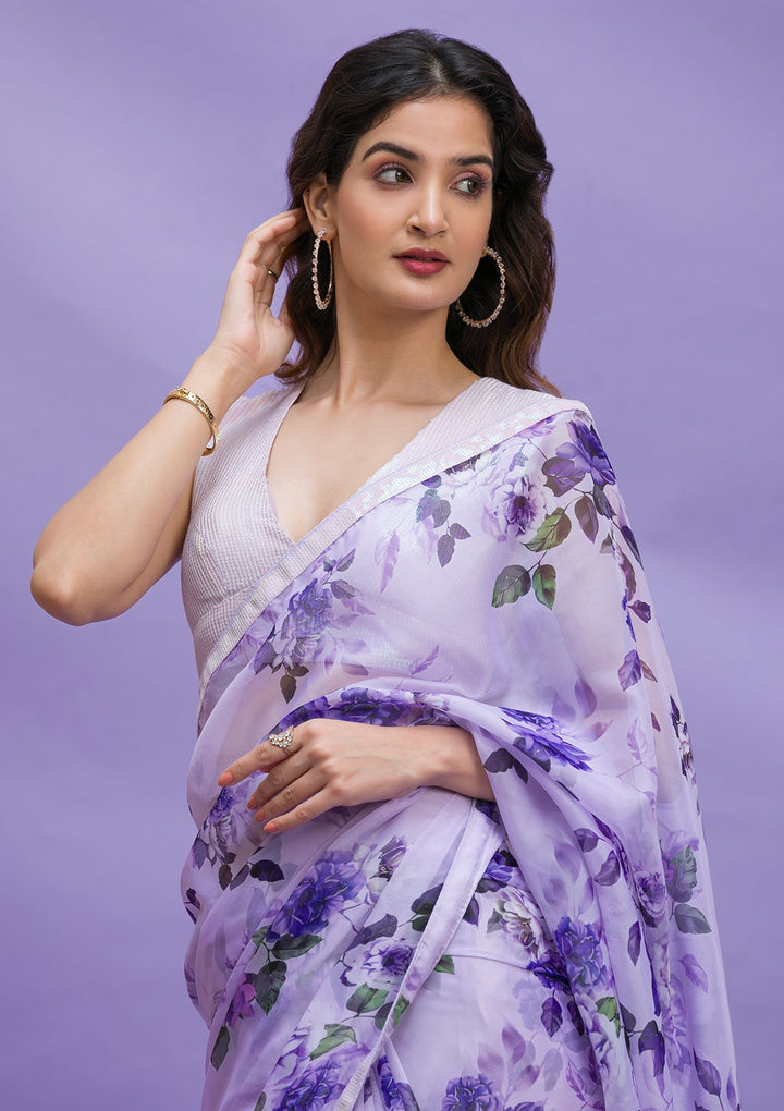 Grey Sequins Chiffon Designer Saree-Koskii