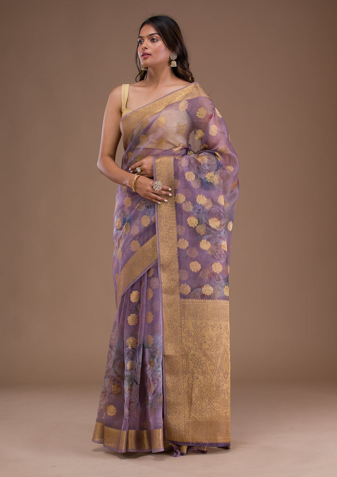 Beige Zariwork Georgette Designer Saree-Koskii