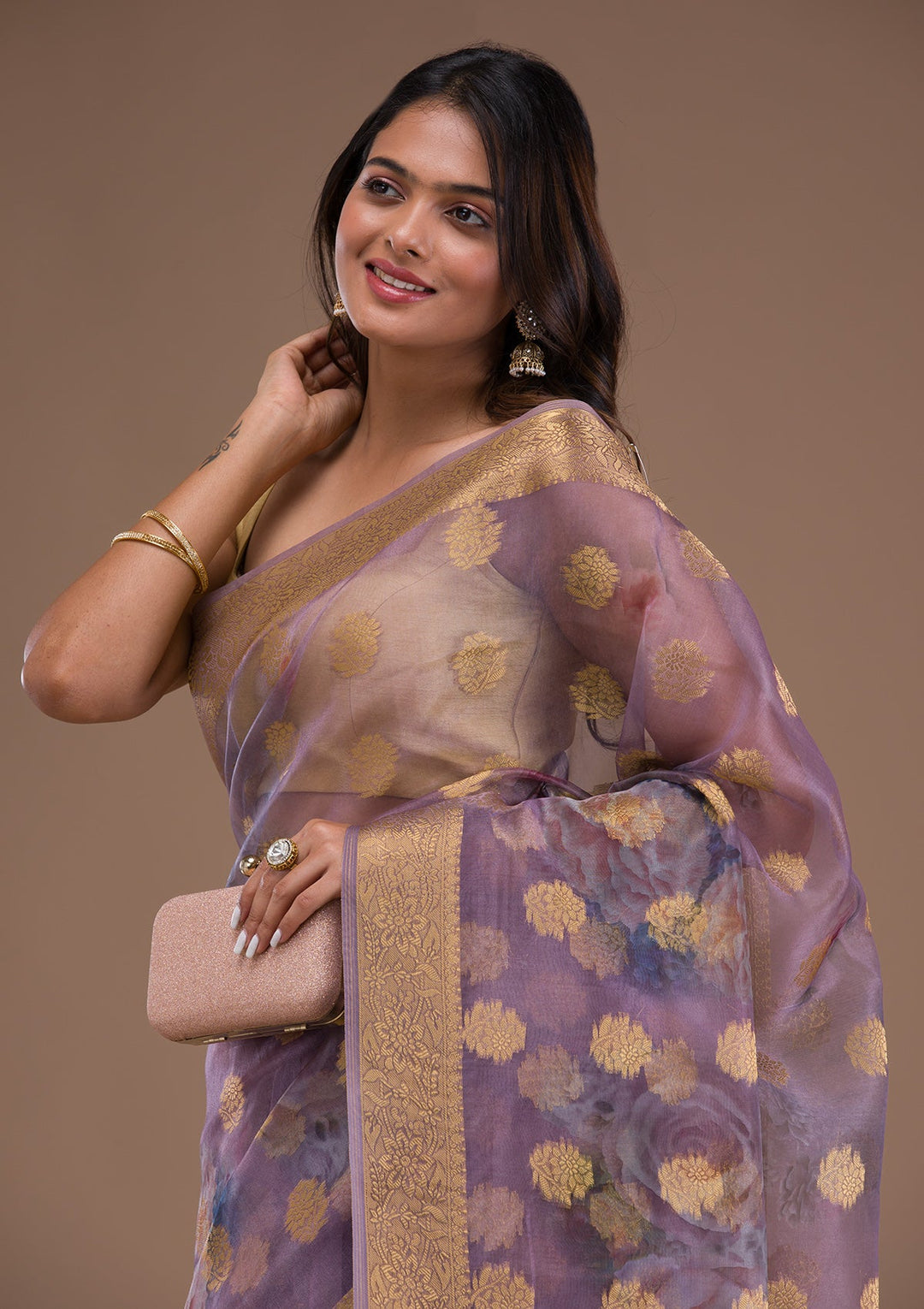 Beige Zariwork Georgette Designer Saree-Koskii