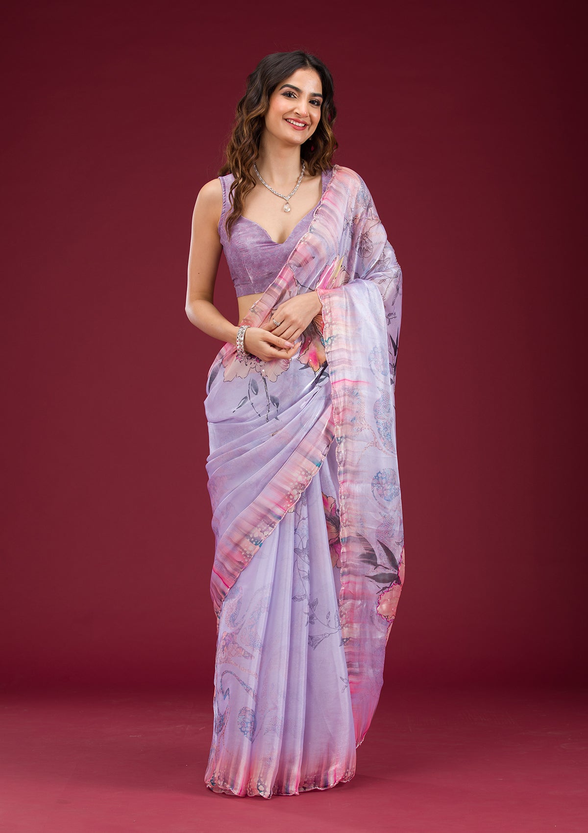 Lavender Printed Tissue Saree