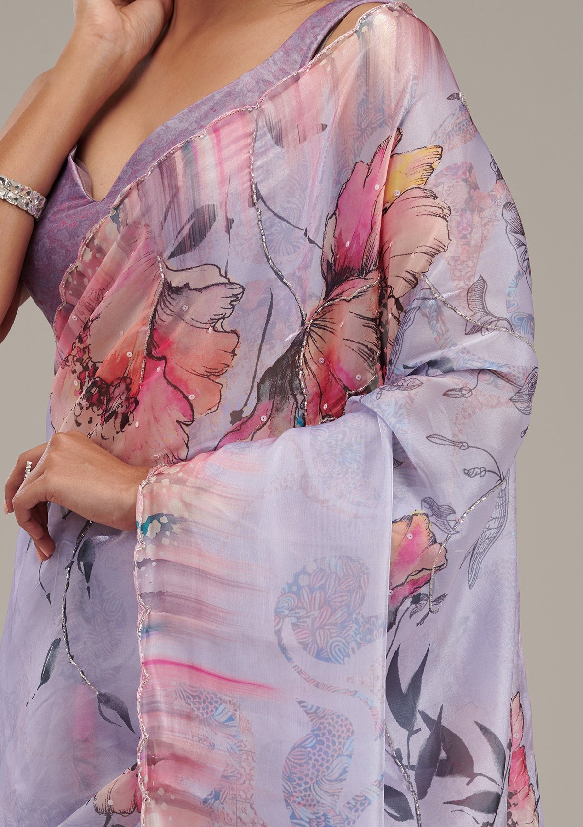 Lavender Printed Tissue Saree-Koskii