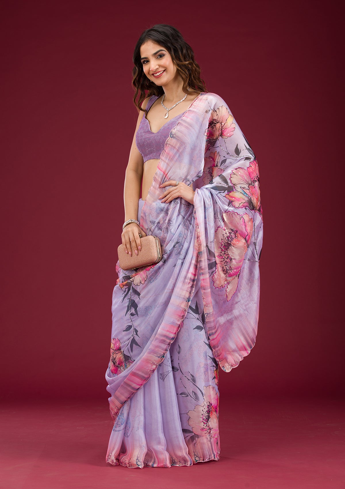 Lavender Printed Tissue Saree