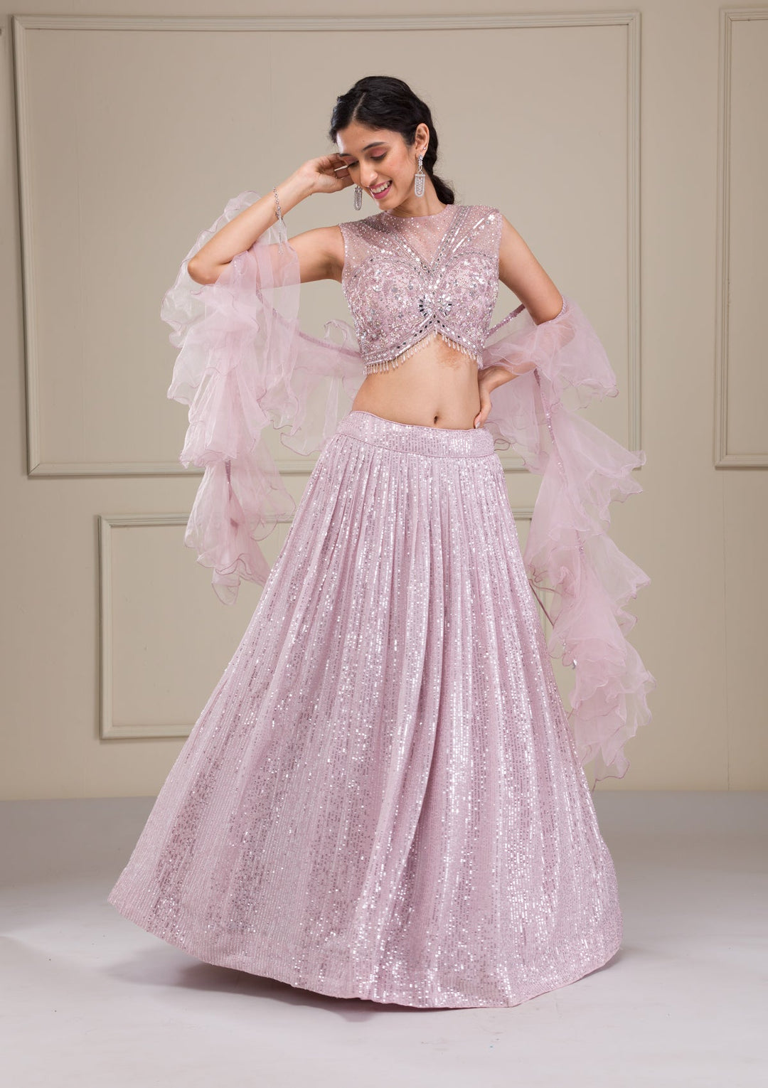 Lavender Sequins Georgette Readymade Lehenga-Koskii