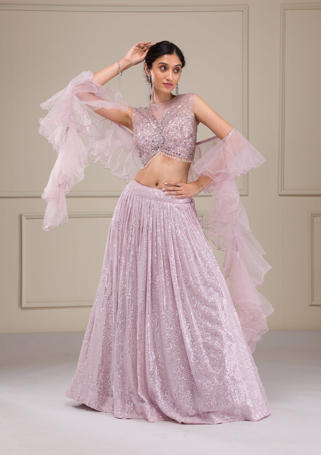 Lavender Sequins Georgette Readymade Lehenga-Koskii