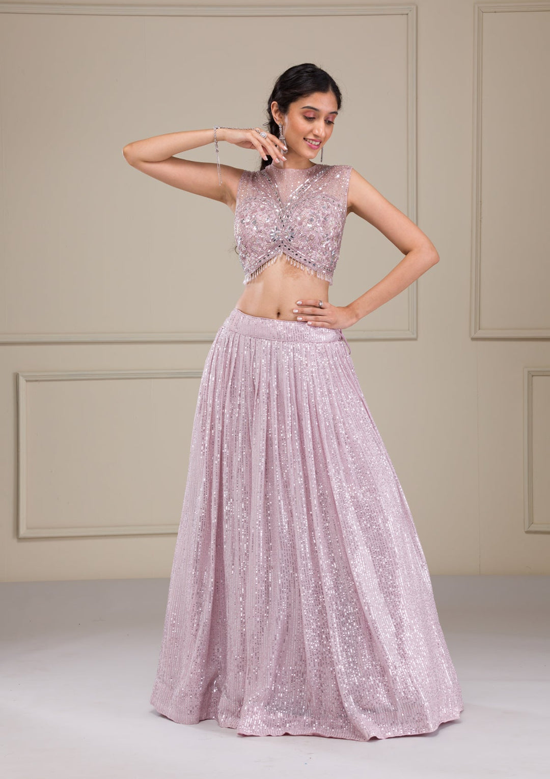 Lavender Sequins Georgette Readymade Lehenga-Koskii