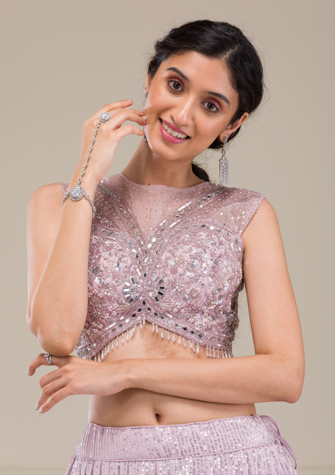 Lavender Sequins Georgette Readymade Lehenga-Koskii