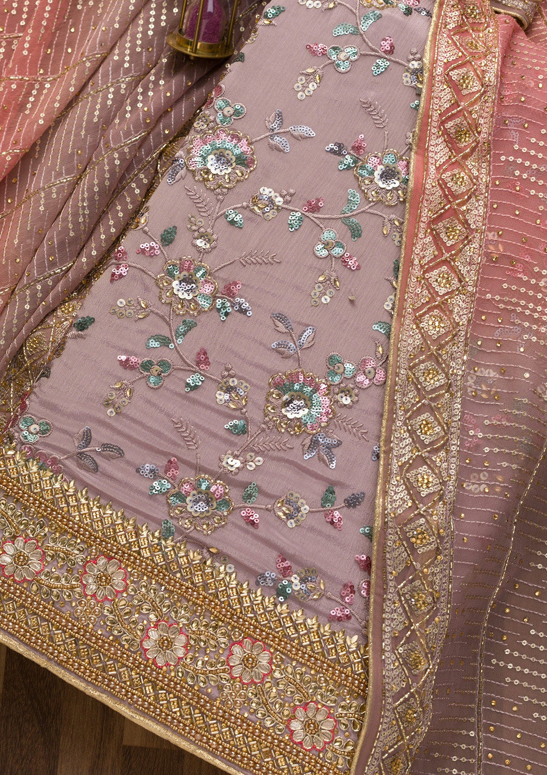 Lavender Sequins Georgette Unstitched Salwar Suit-Koskii