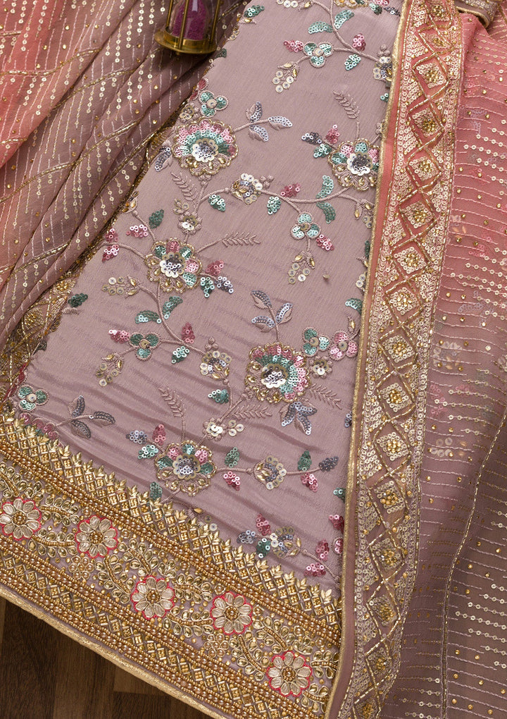 Lavender Sequins Georgette Unstitched Salwar Suit-Koskii