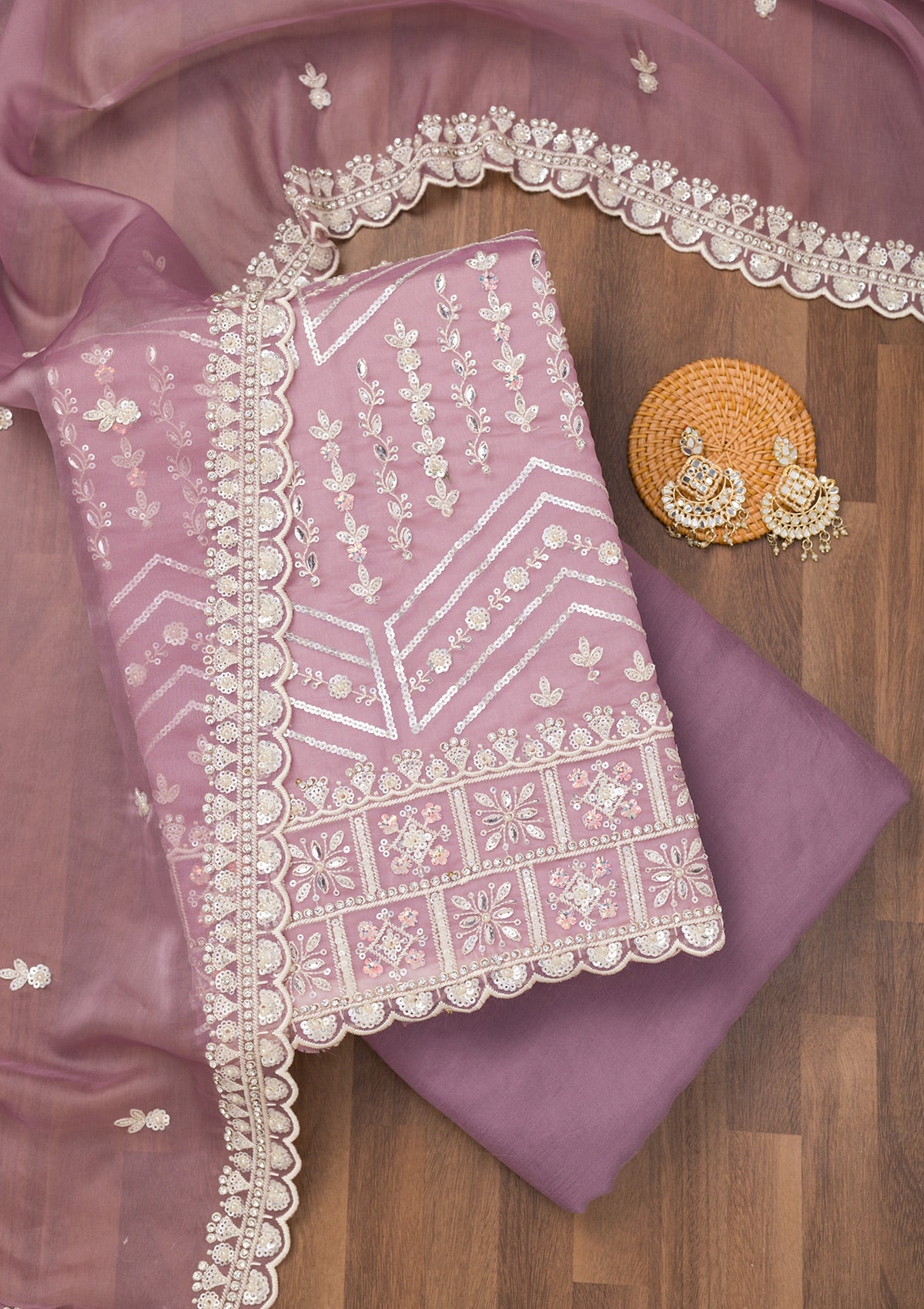 Lavender Sequins Georgette Unstitched Salwar Suit-Koskii