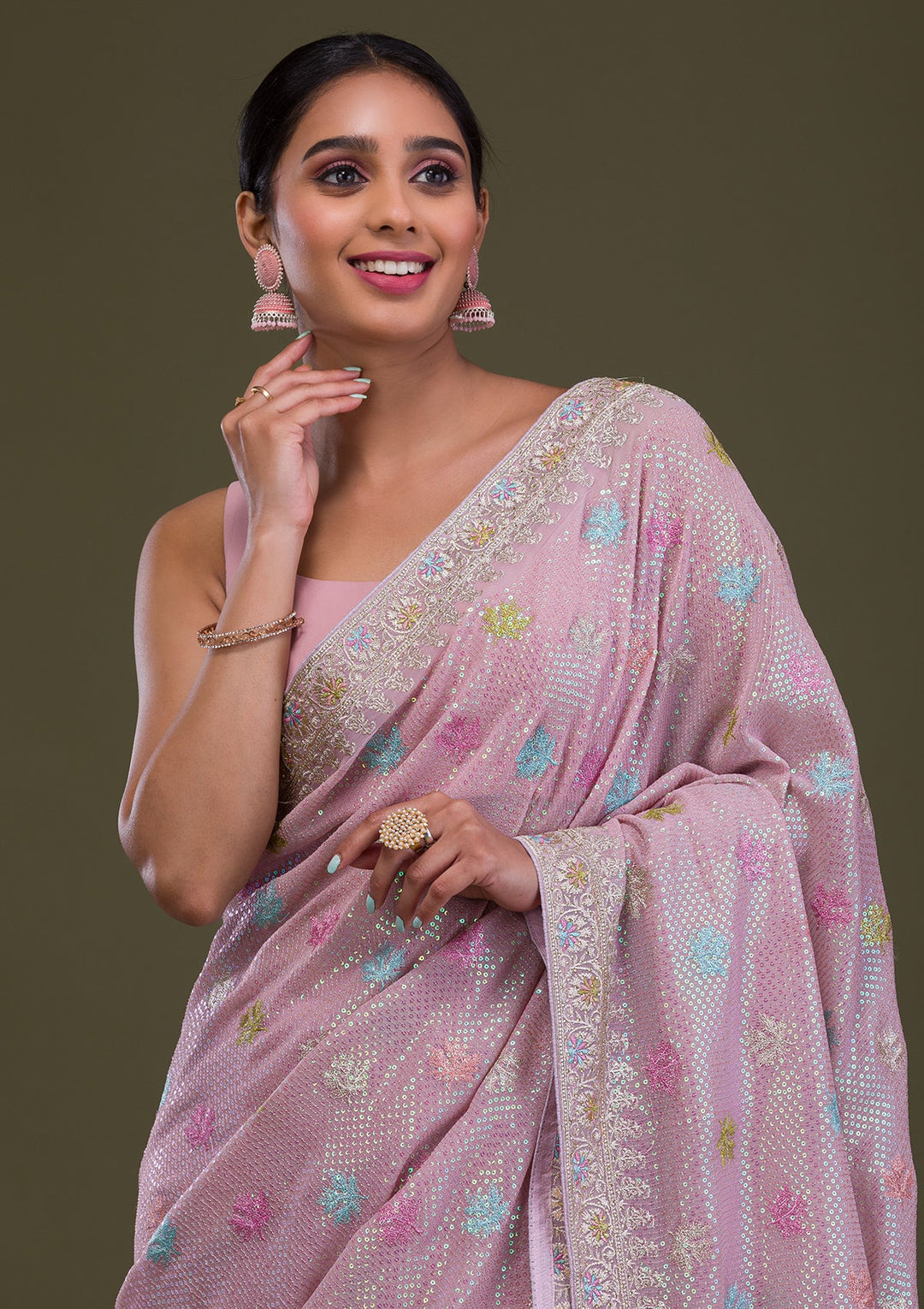 Lavender Sequins Georgette Saree-Koskii