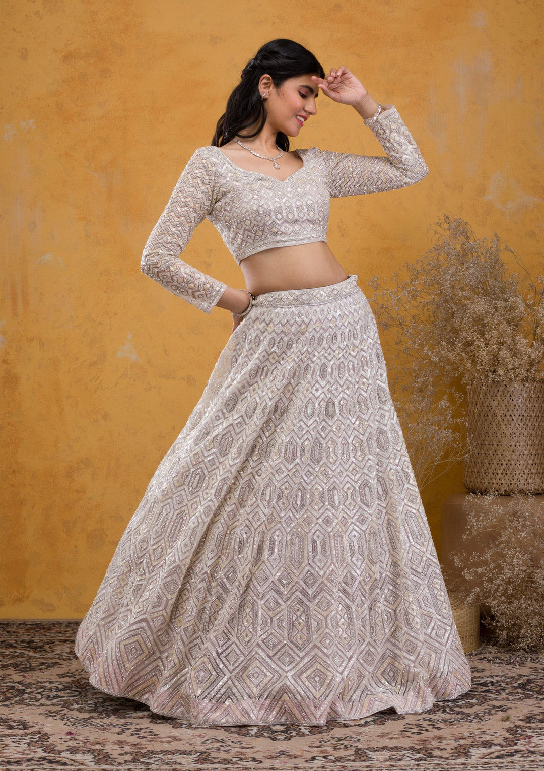 Lavender Sequins Net Readymade Lehenga-Koskii