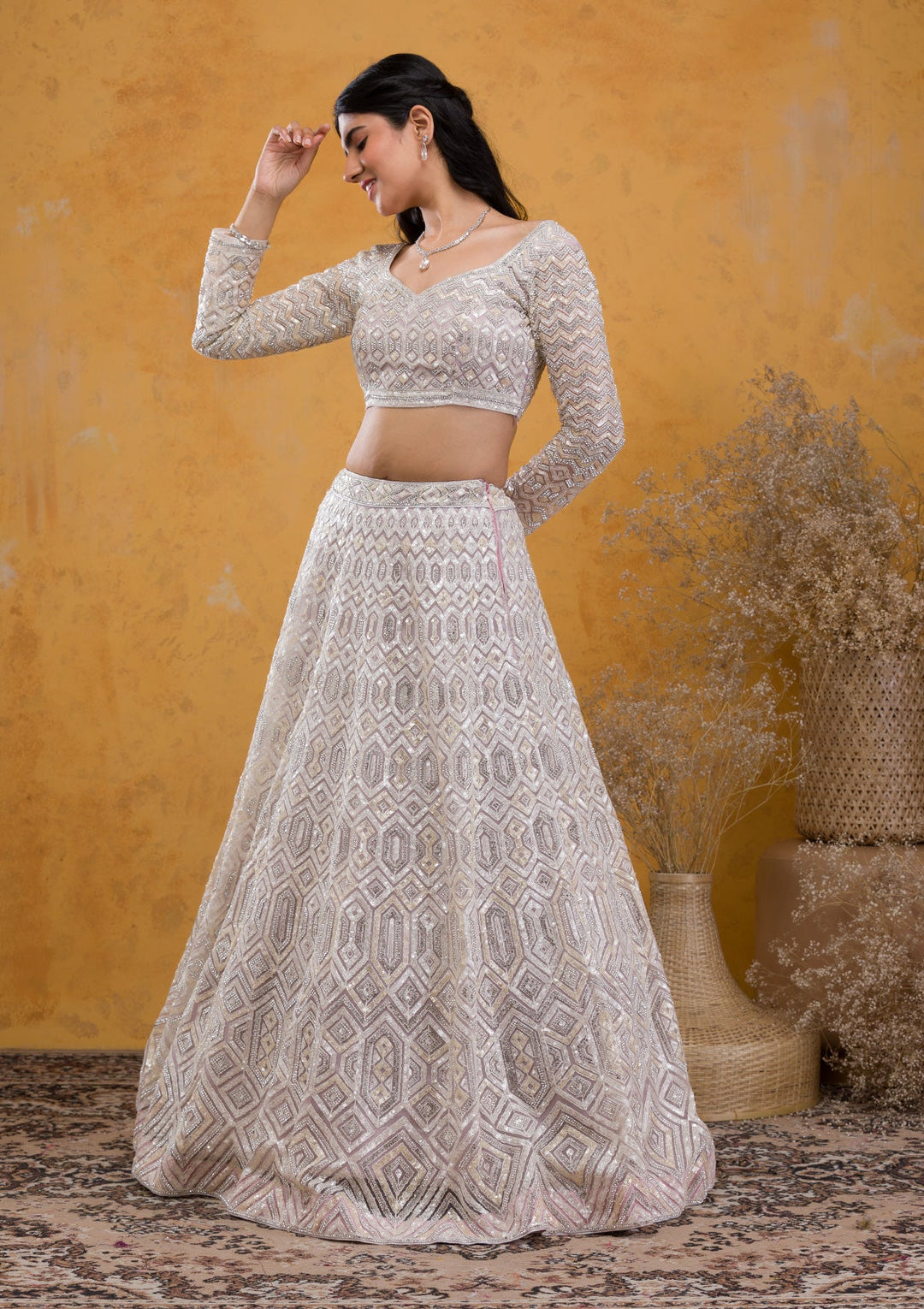 Lavender Sequins Net Readymade Lehenga-Koskii