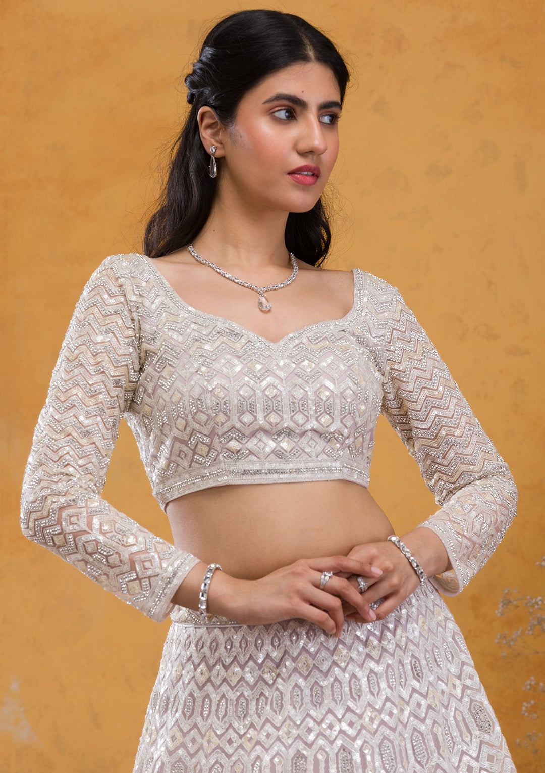 Lavender Sequins Net Readymade Lehenga-Koskii