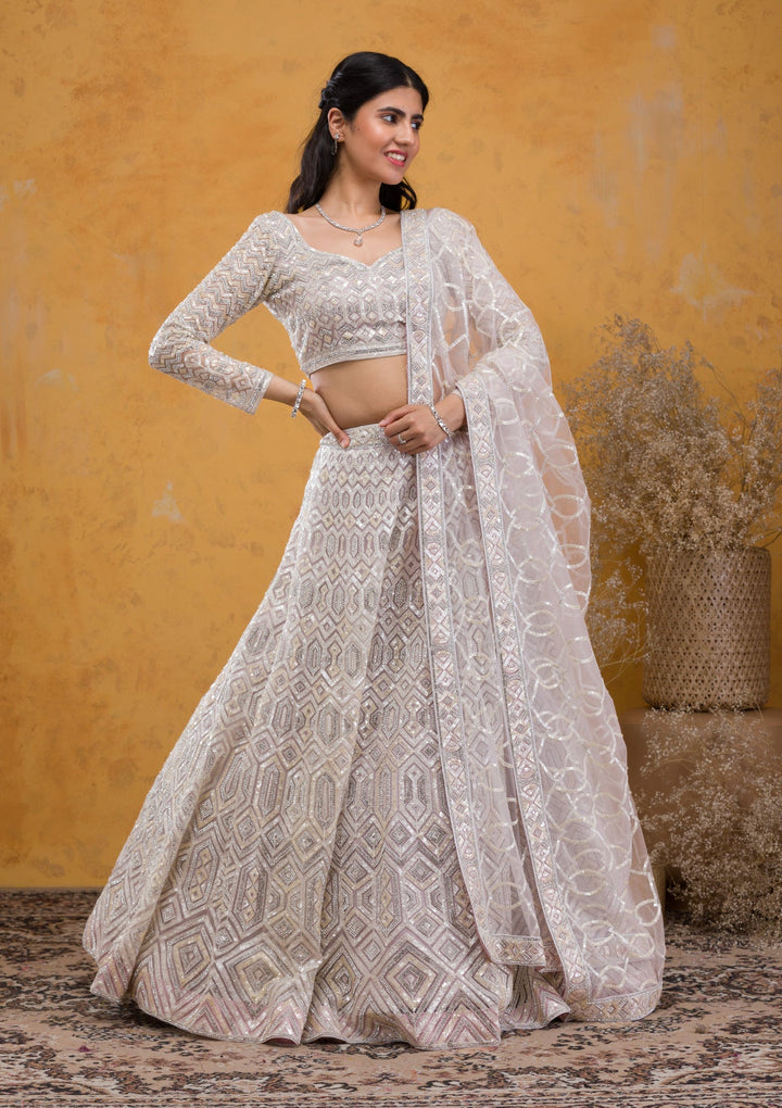 Lavender Sequins Net Readymade Lehenga-Koskii