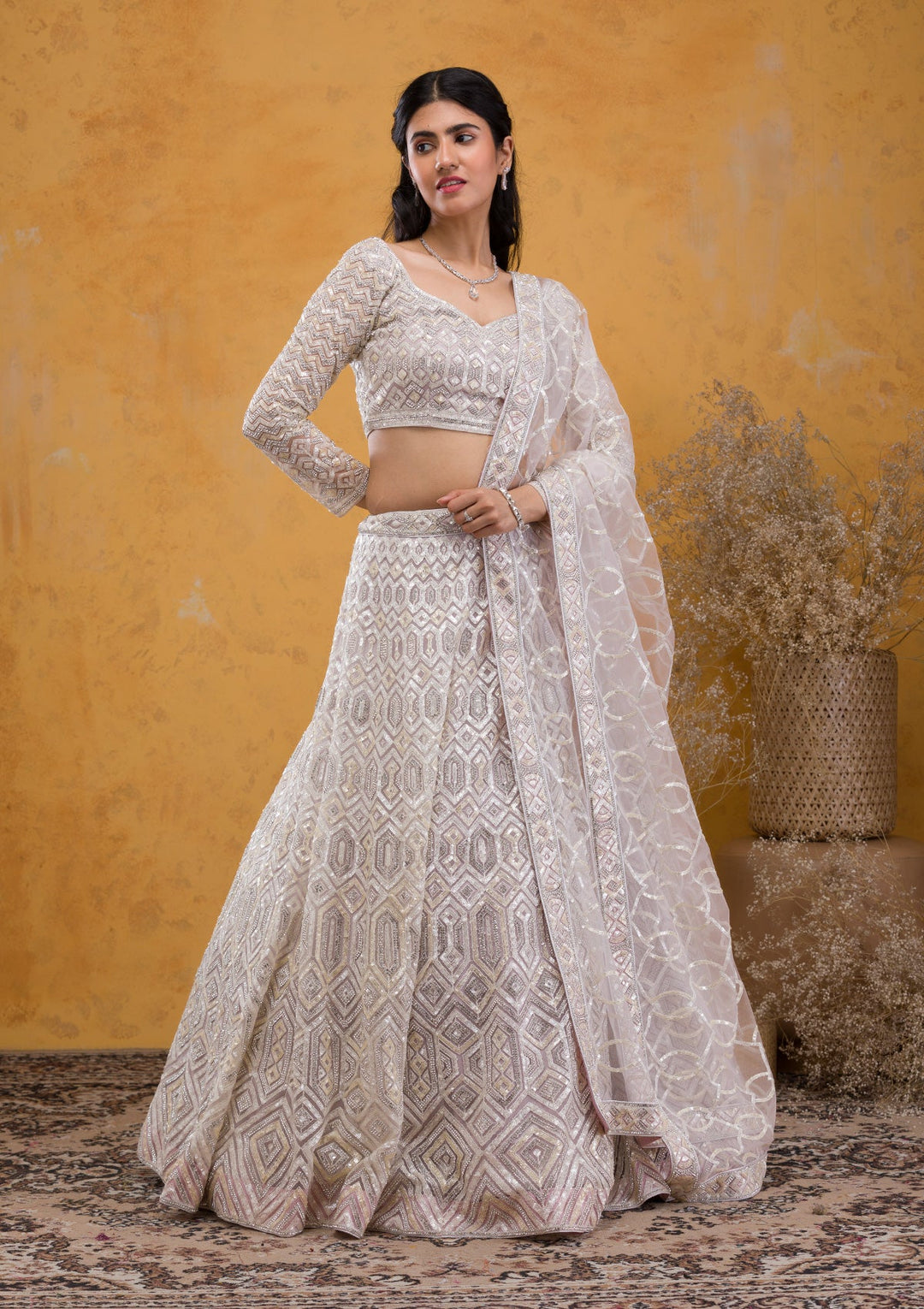 Lavender Sequins Net Readymade Lehenga-Koskii