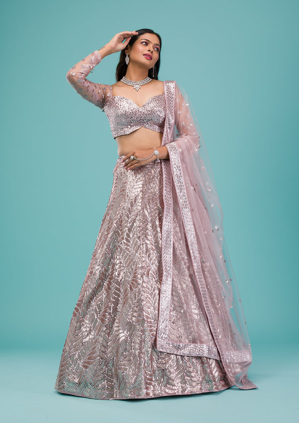 Lavender Sequins Net Readymade Lehenga-Koskii