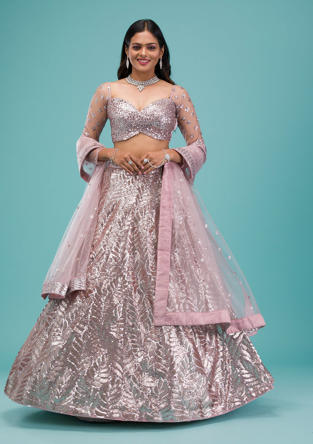 Lavender Sequins Net Readymade Lehenga-Koskii