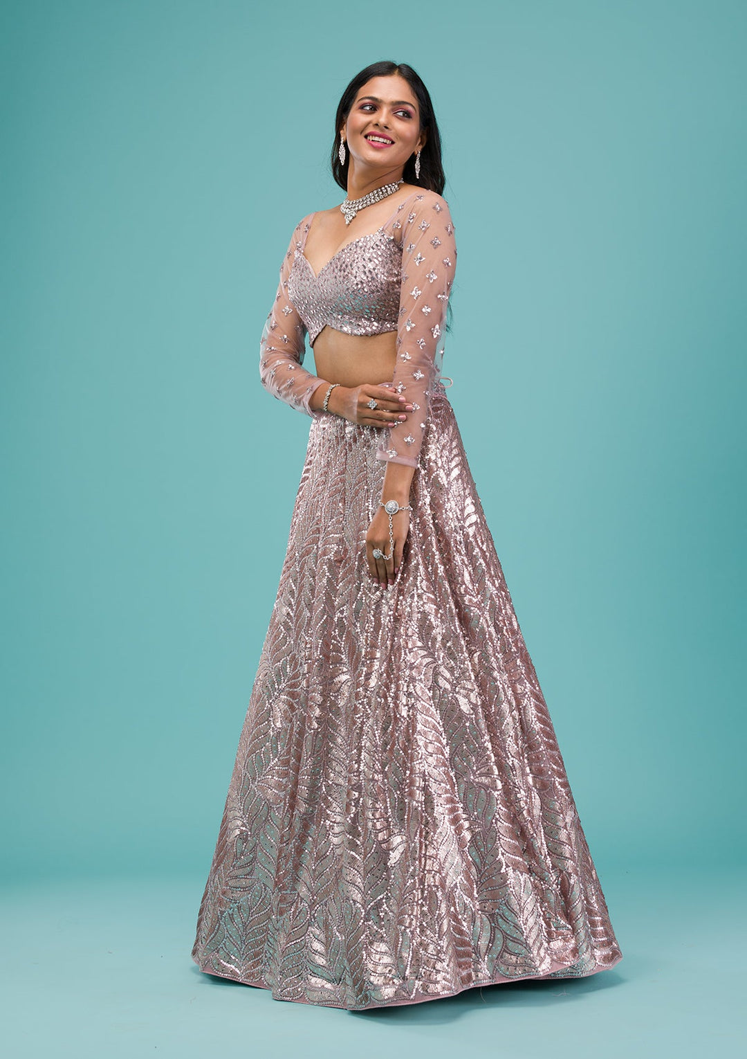 Lavender Sequins Net Readymade Lehenga-Koskii