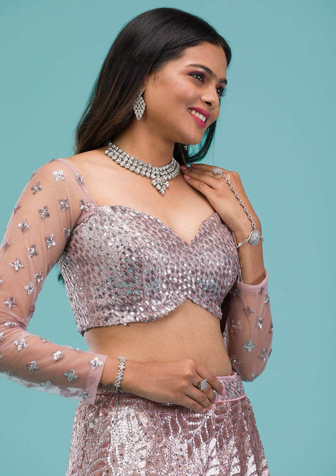 Lavender Sequins Net Readymade Lehenga-Koskii