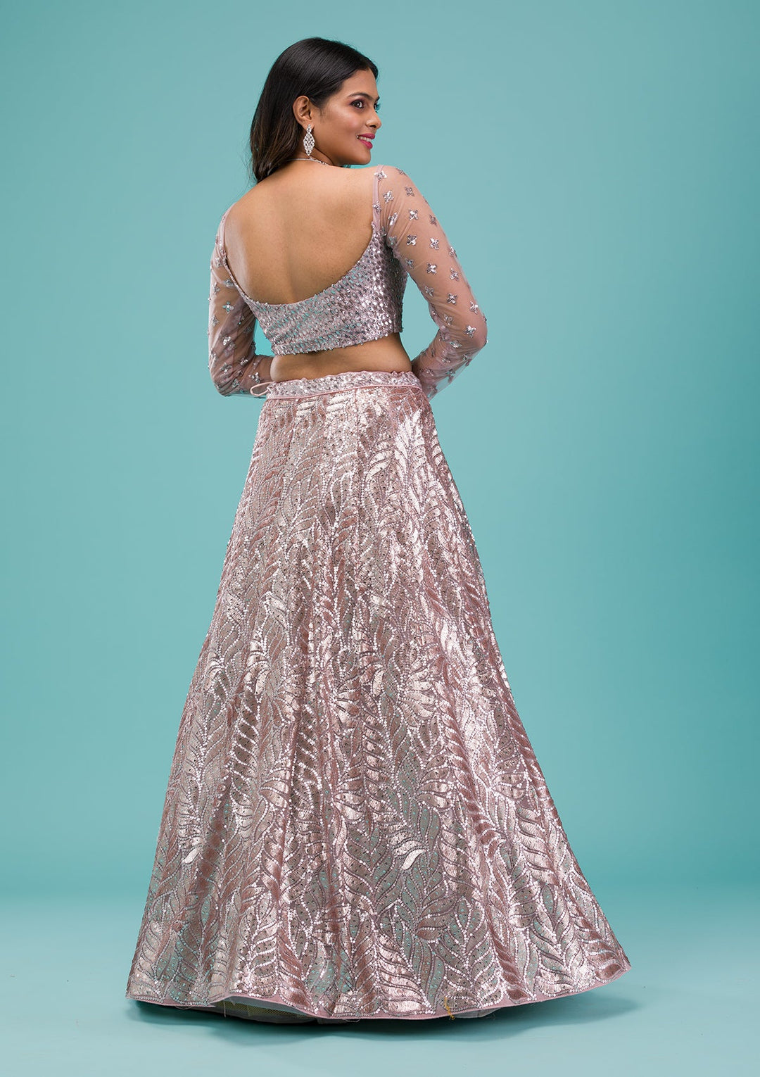 Lavender Sequins Net Readymade Lehenga-Koskii