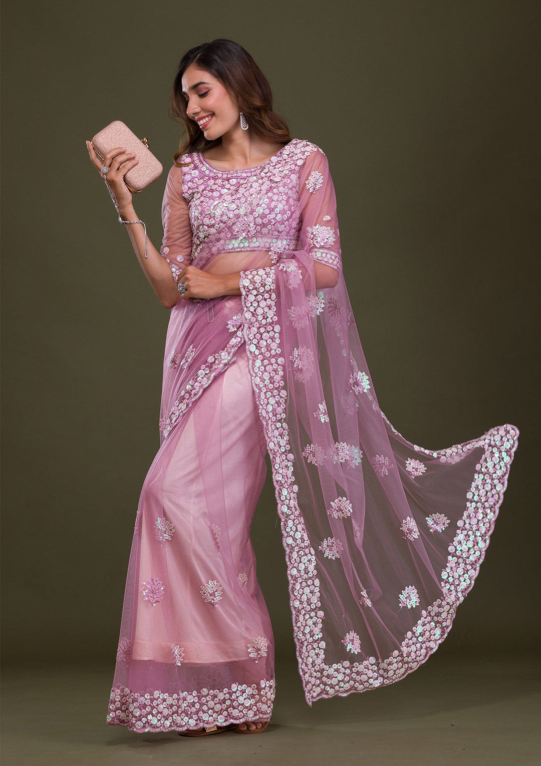 Lavender Sequins Net Saree-Koskii