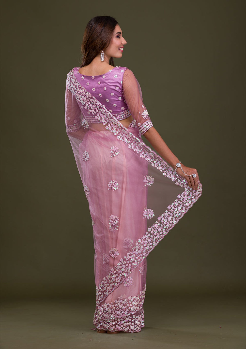 Lavender Sequins Net Saree-Koskii