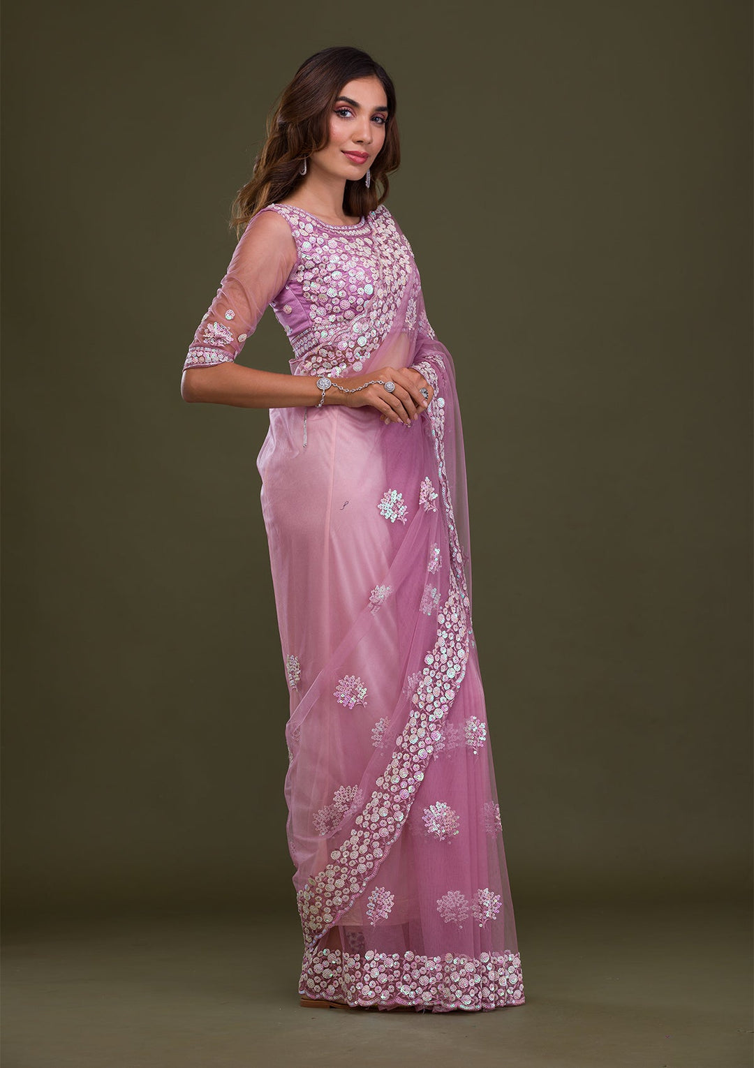 Lavender Sequins Net Saree-Koskii