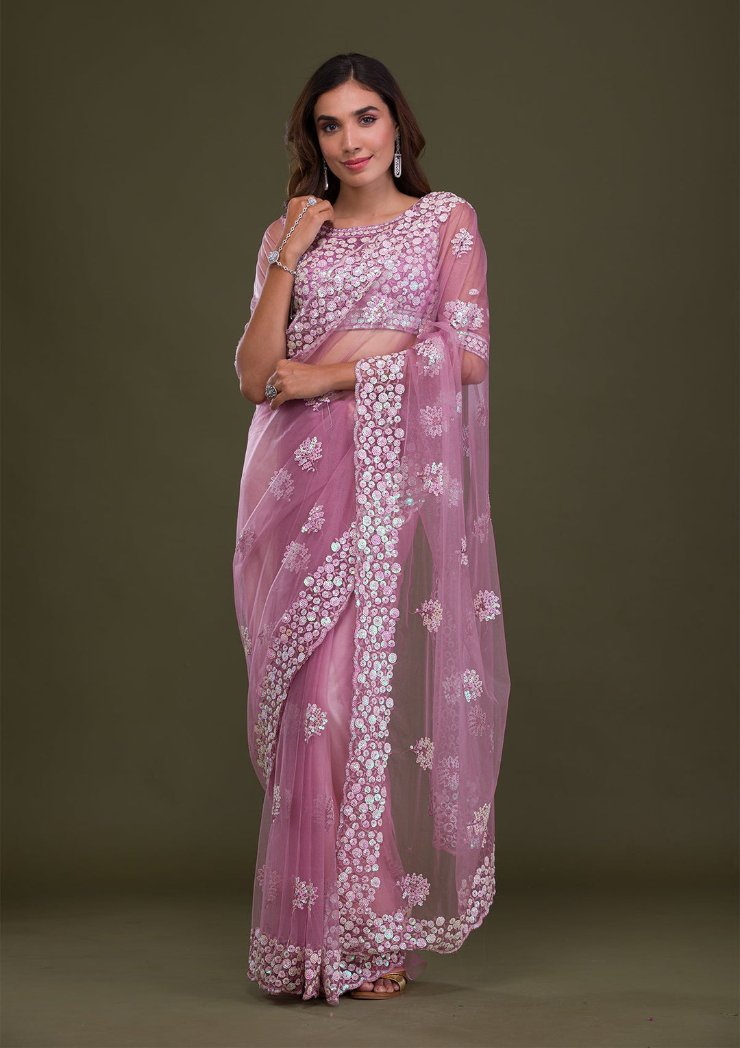 Lavender Sequins Net Saree-Koskii