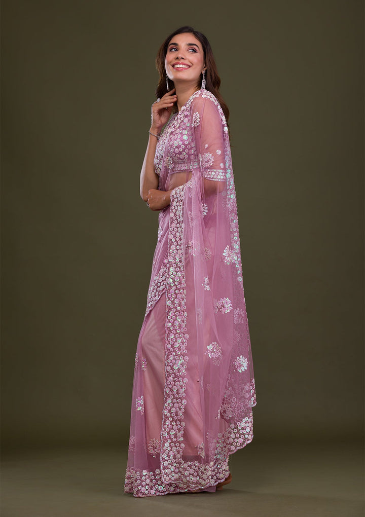 Lavender Sequins Net Saree-Koskii