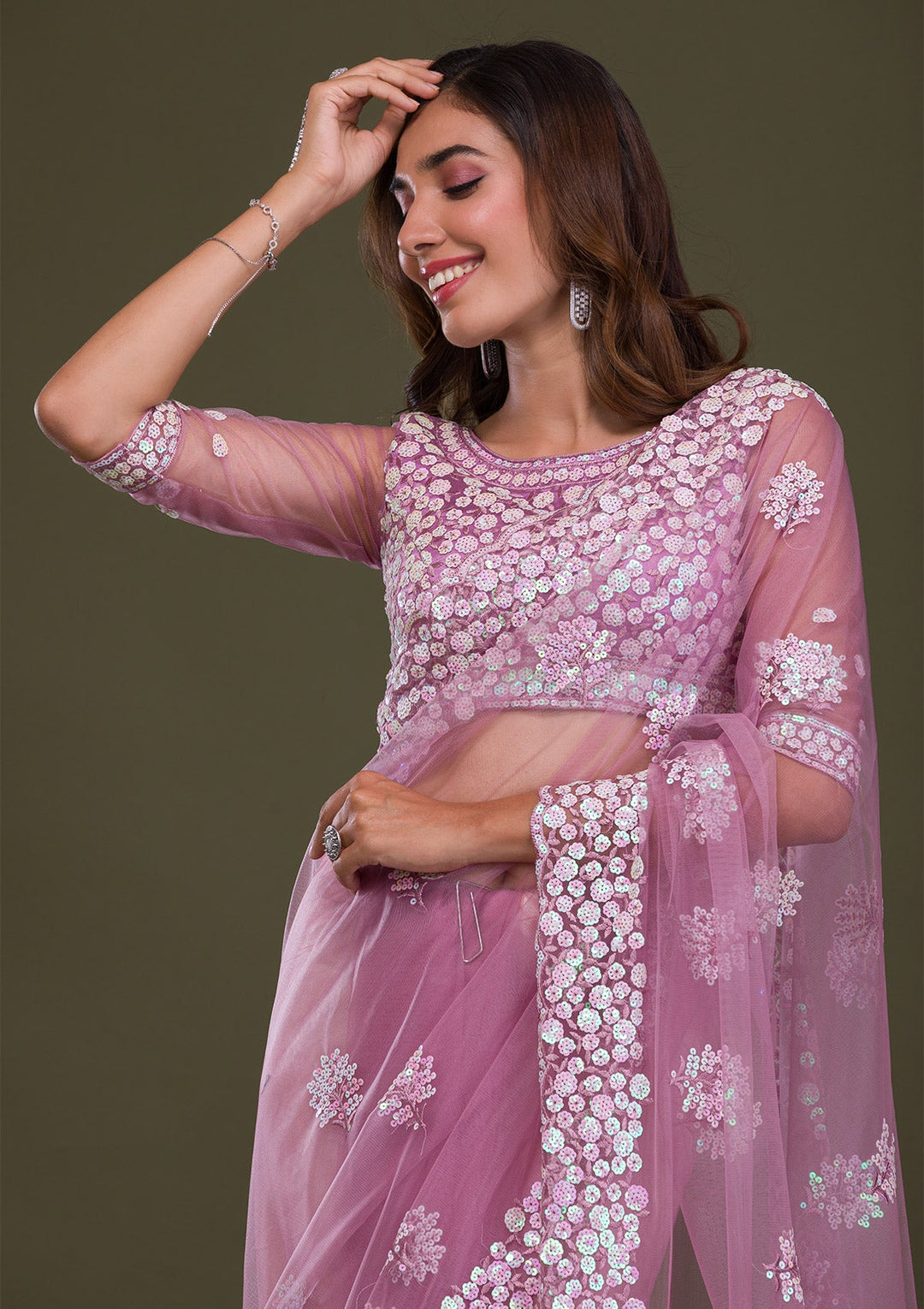 Lavender Sequins Net Saree-Koskii