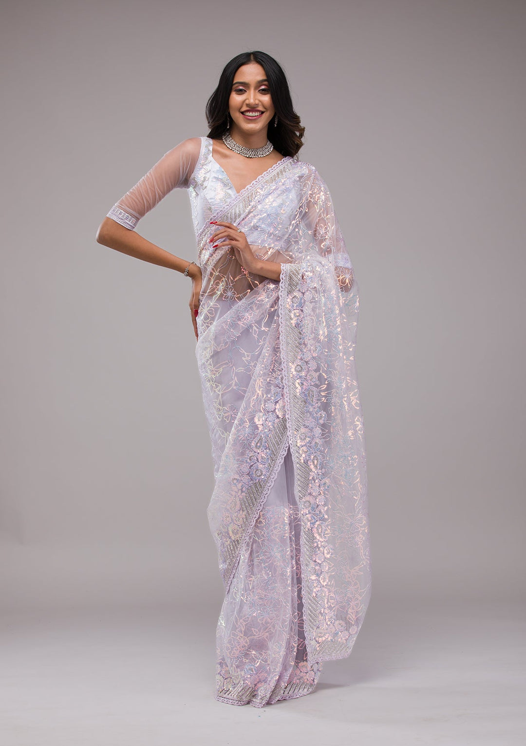 Lavender Sequins Net Saree-Koskii