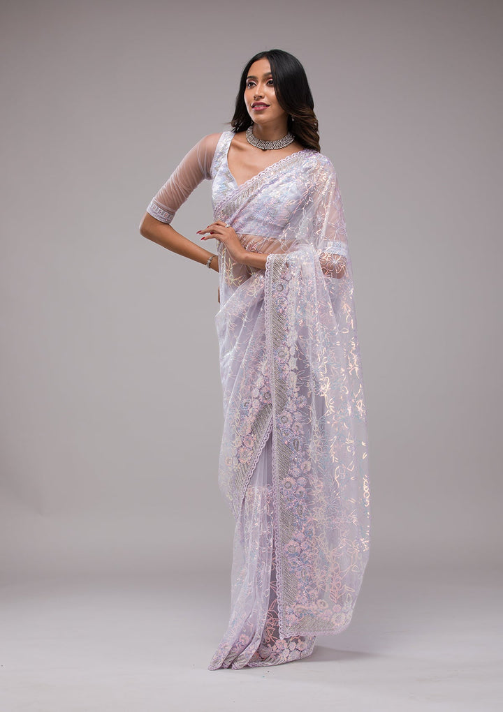 Lavender Sequins Net Saree-Koskii