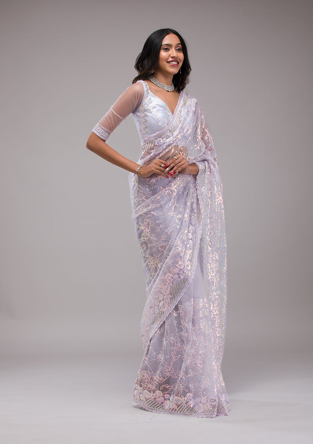 Lavender Sequins Net Saree-Koskii