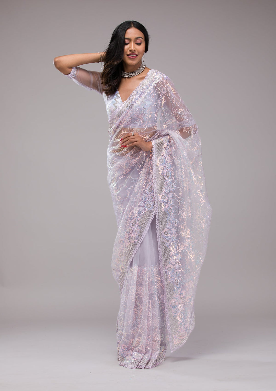 Lavender Sequins Net Saree-Koskii