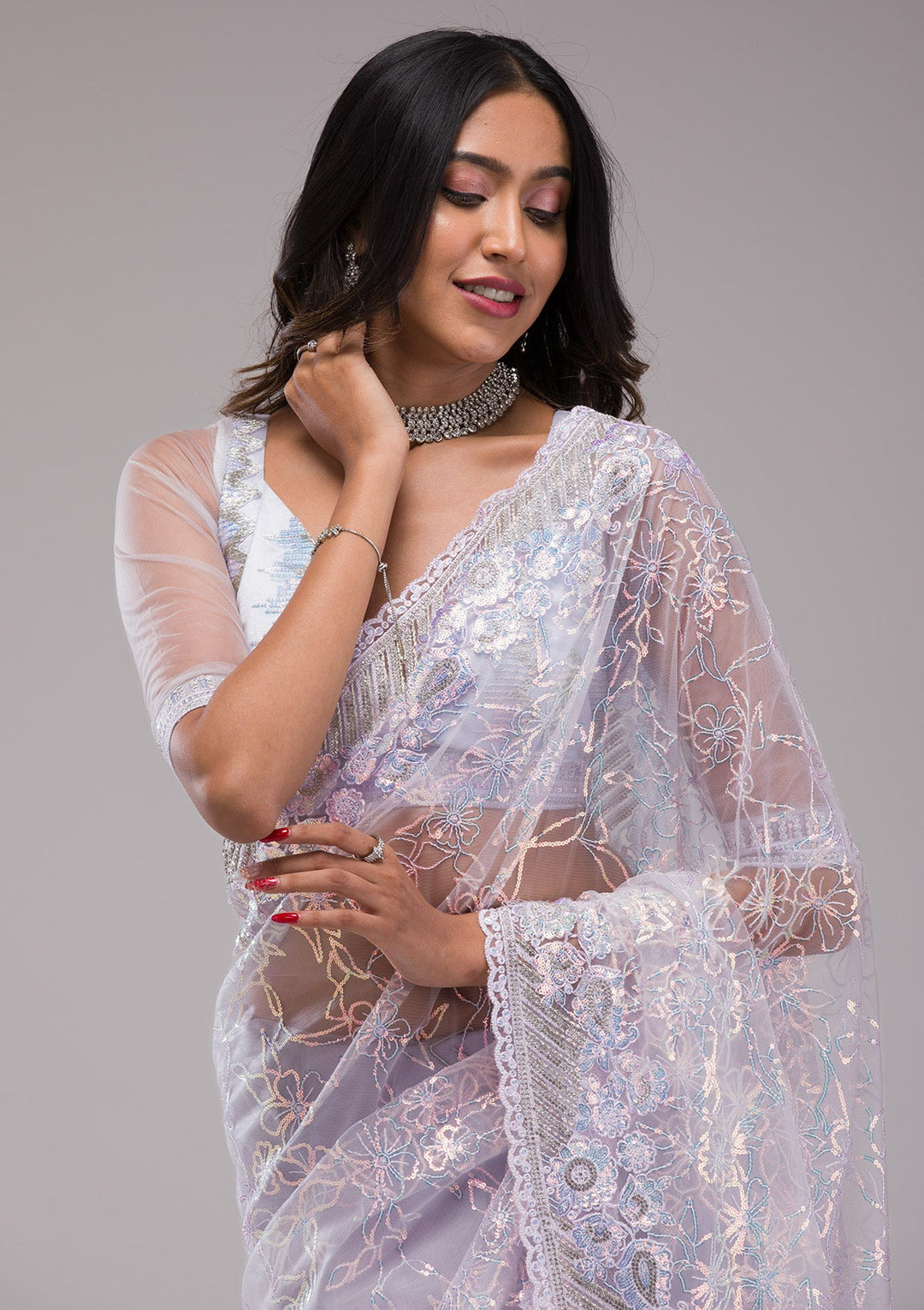 Lavender Sequins Net Saree-Koskii