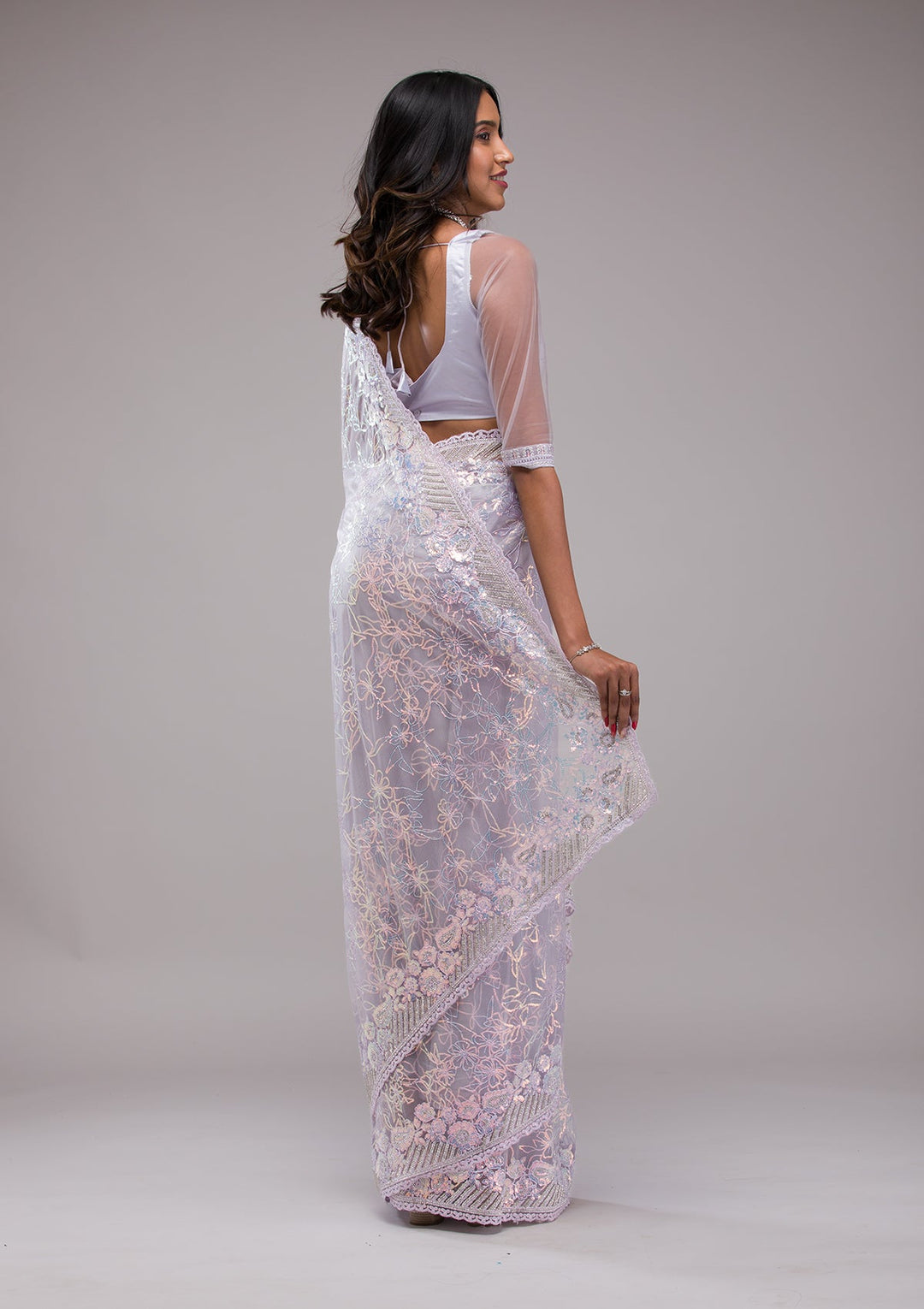 Lavender Sequins Net Saree-Koskii