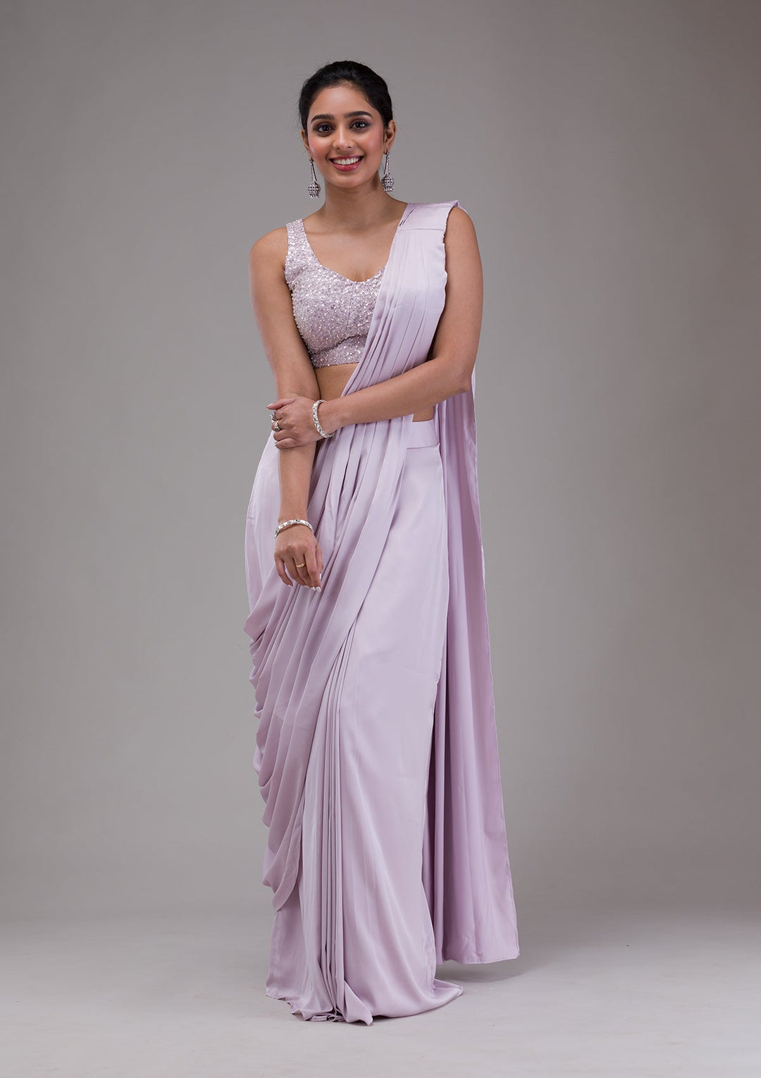 Lavender Sequins Satin Saree-Koskii