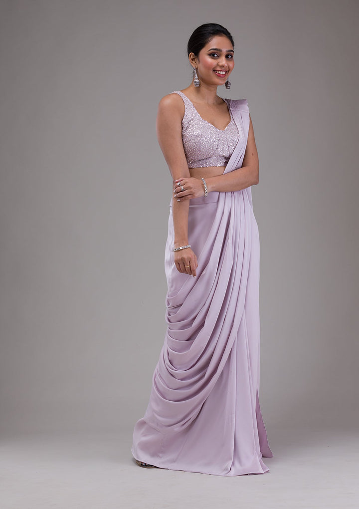 Lavender Sequins Satin Saree-Koskii