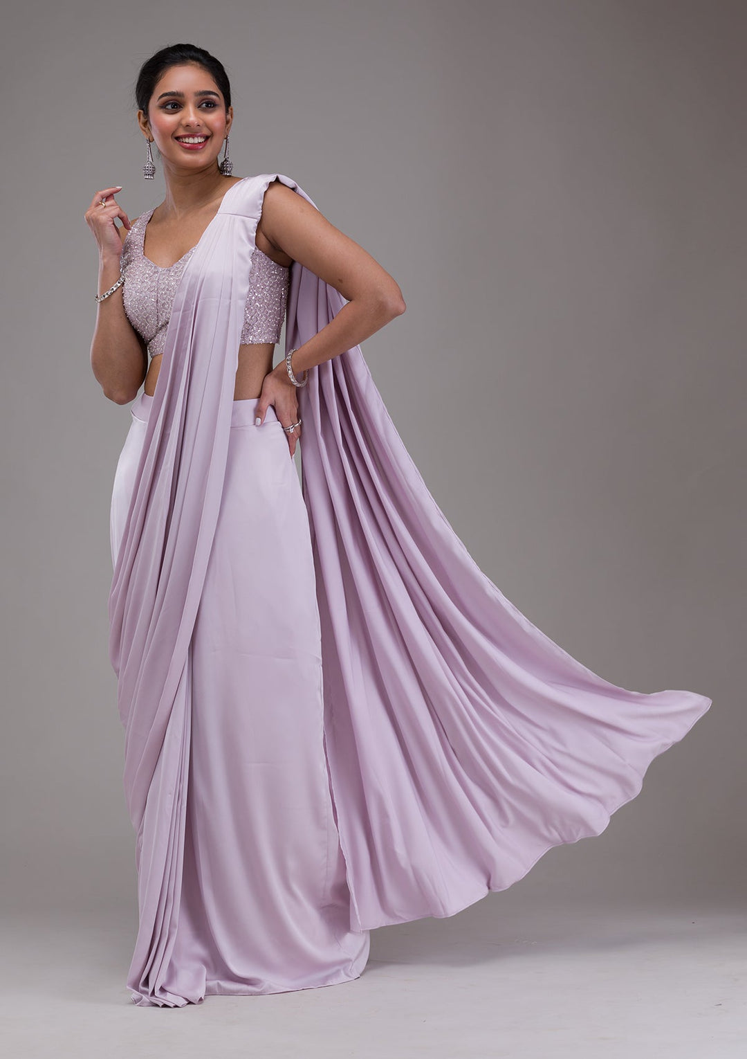 Lavender Sequins Satin Saree-Koskii