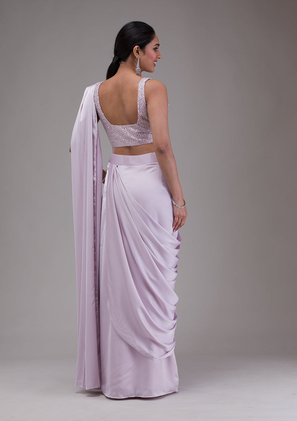 Lavender Sequins Satin Saree-Koskii