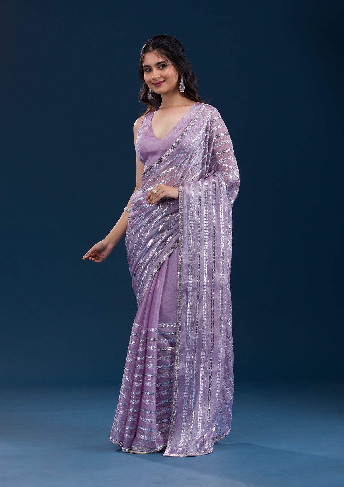 Lavender Sequins Semi Crepe Saree-Koskii