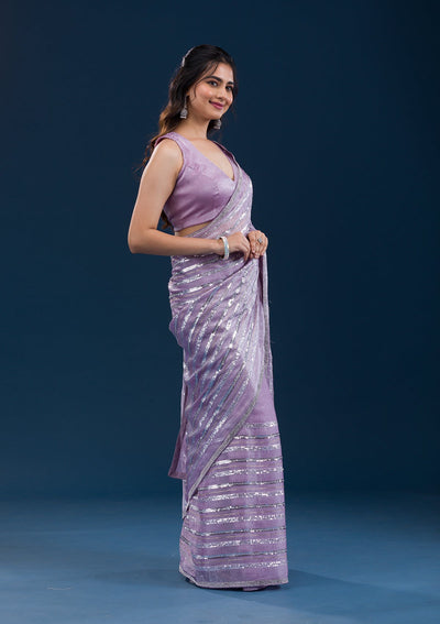 Lavender Sequins Semi Crepe Saree-Koskii