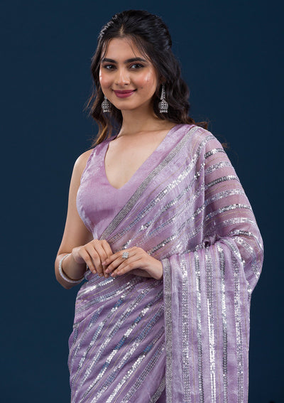 Lavender Sequins Semi Crepe Saree-Koskii