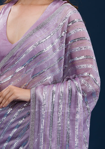 Lavender Sequins Semi Crepe Saree-Koskii