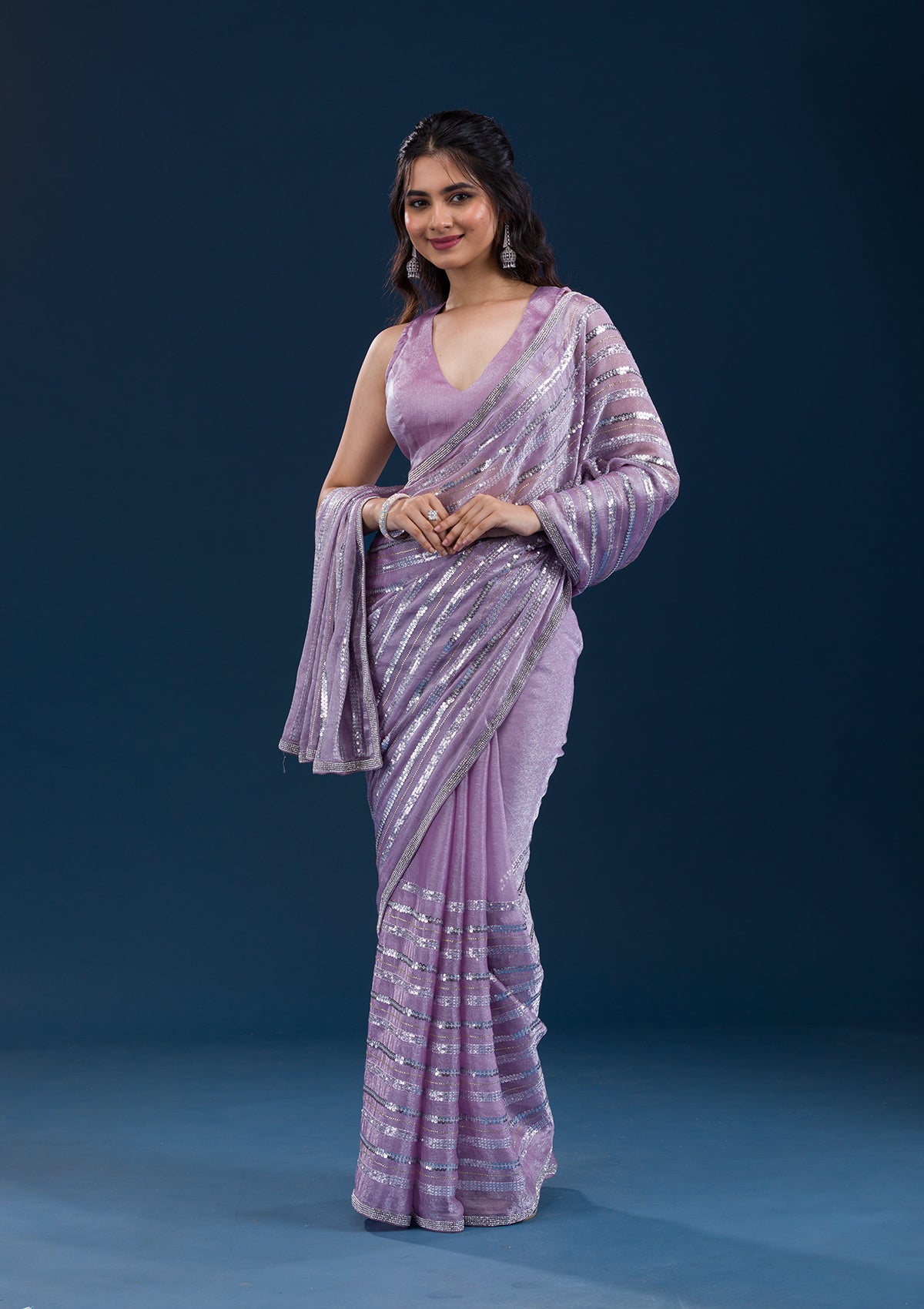 Lavender Sequins Semi Crepe Saree-Koskii