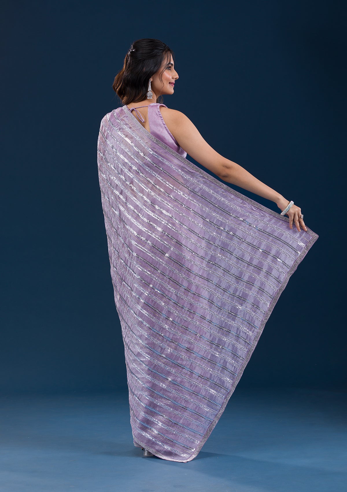 Lavender Sequins Semi Crepe Saree-Koskii